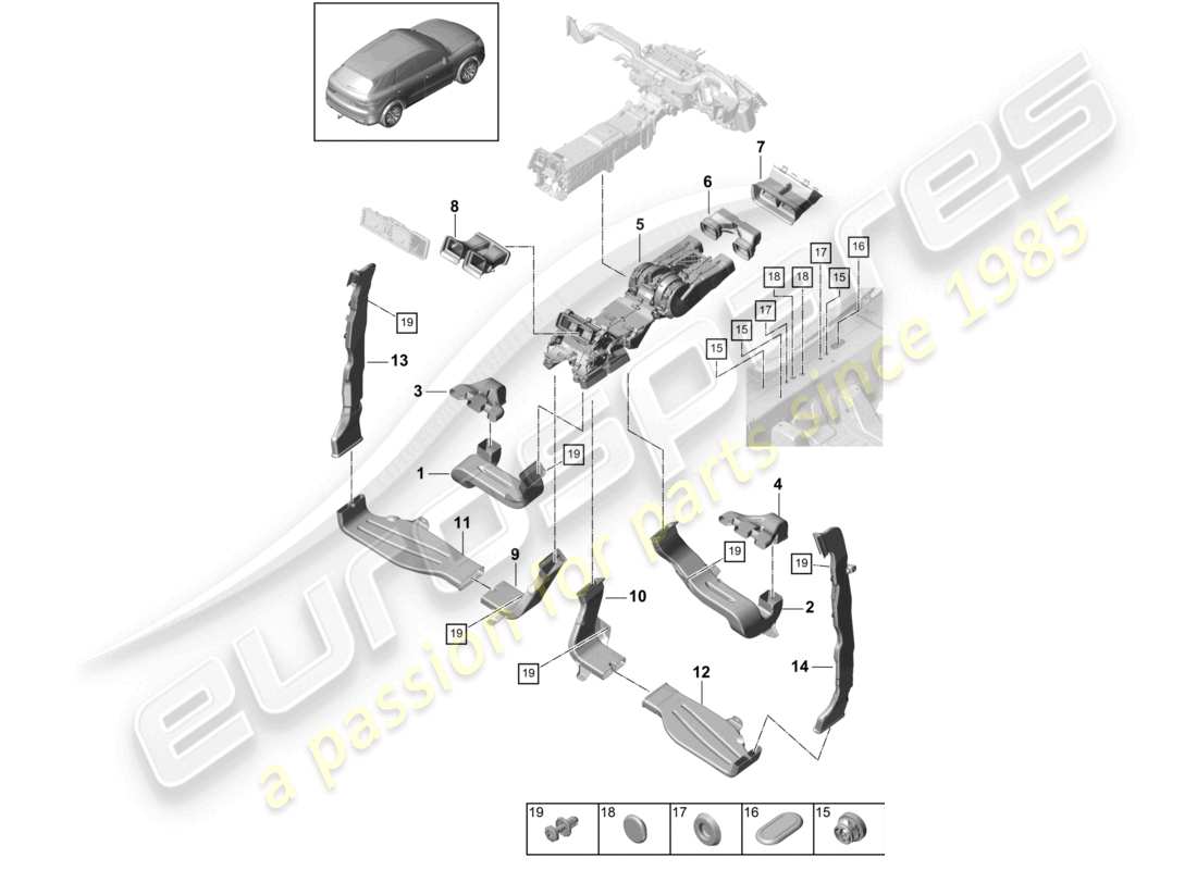 porsche 2020 (cayenne e3 9ya/9yb) air guide air conditioning 4-zonen passenger compartment 4-zone climatronic, boost part diagram