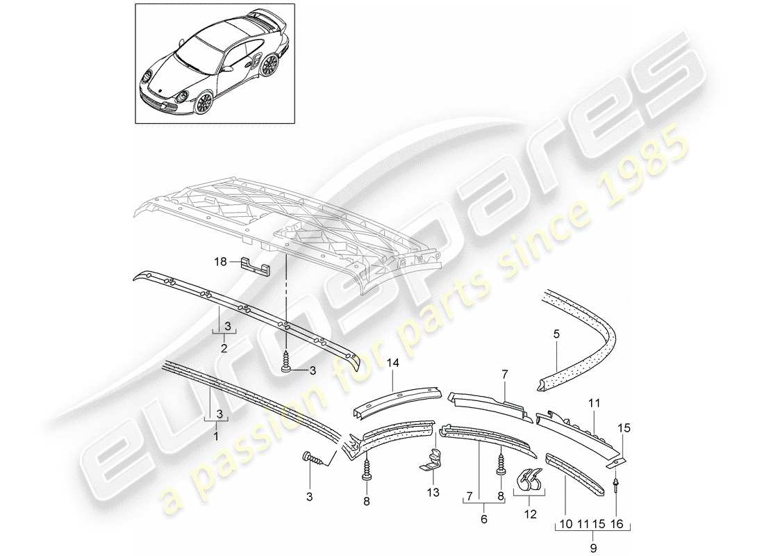porsche 2008 (997-1 turbo / gt2) convertible top part diagram