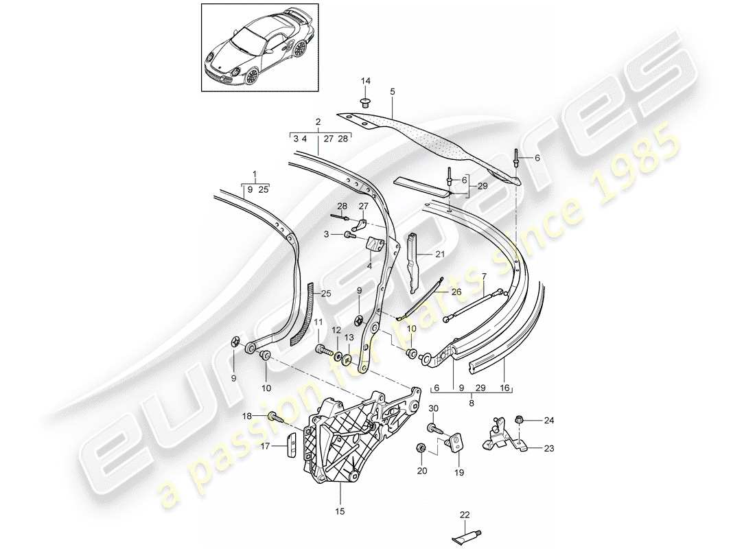 porsche 2008 (997-1 turbo / gt2) top frame part diagram