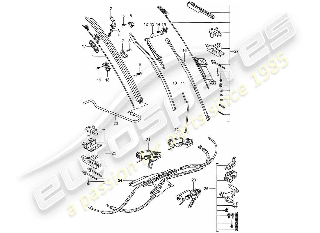 porsche 1998 (993) driving mechanism - glass roof parts diagram