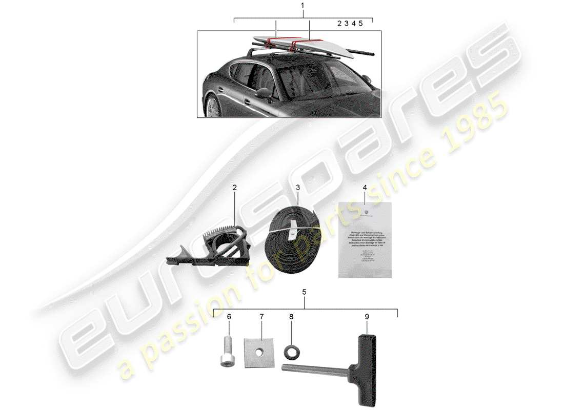 porsche 2012 (tequipment panamera) surf board carrier part diagram