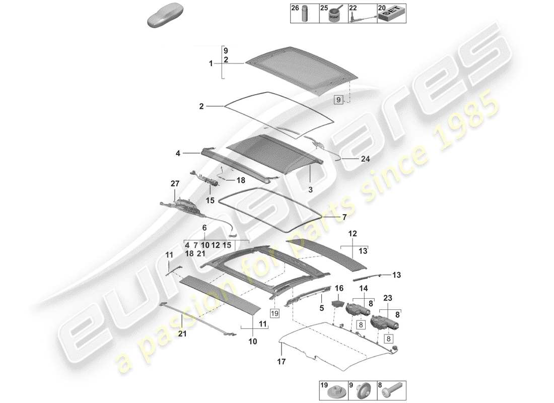 porsche 2019 (992-1) glass sunroof part diagram