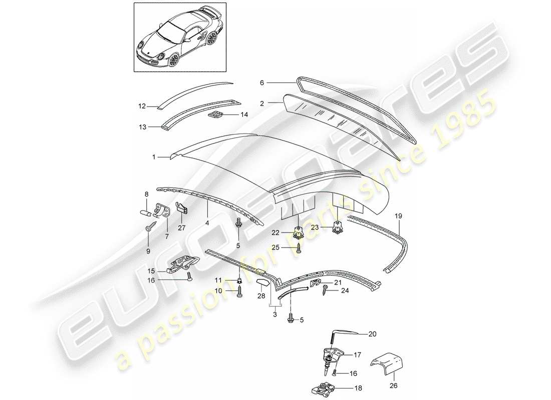 porsche 2012 (997-2 turbo / gt2 rs) hardtop part diagram