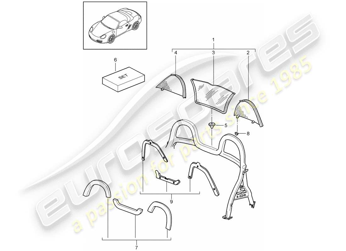 porsche 2009 (987 boxster) windscreen part diagram