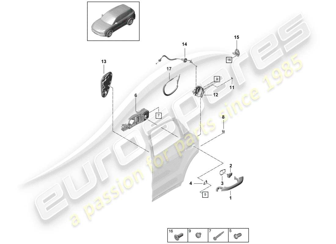 porsche 2018 (cayenne e3 9ya/9yb) door handle, outer part diagram