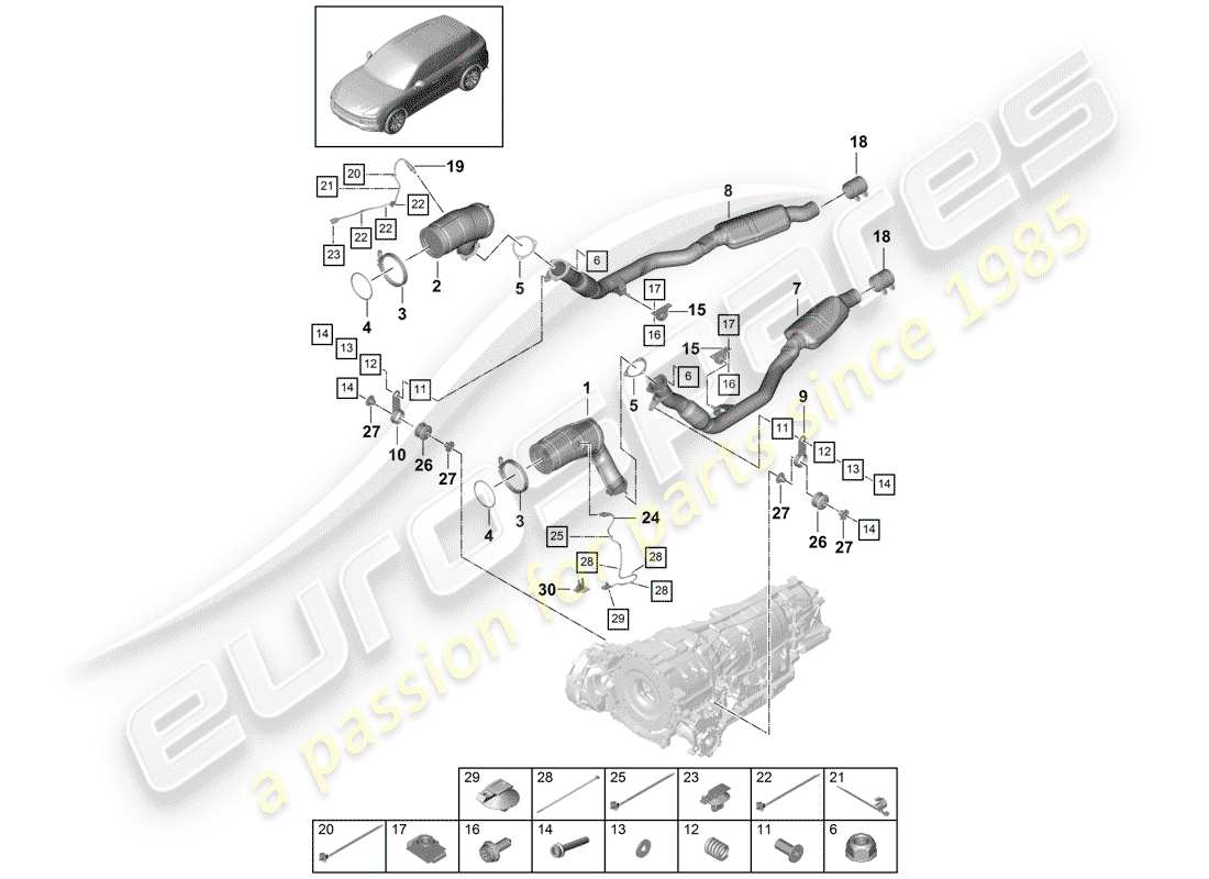 porsche 2018 (cayenne e3 9ya/9yb) exhaust system part diagram