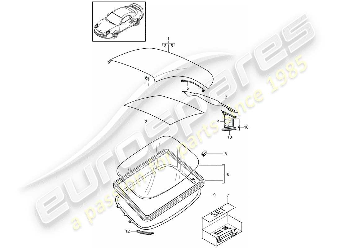 porsche 911 t/gt2rs (2012) convertible top covering part diagram