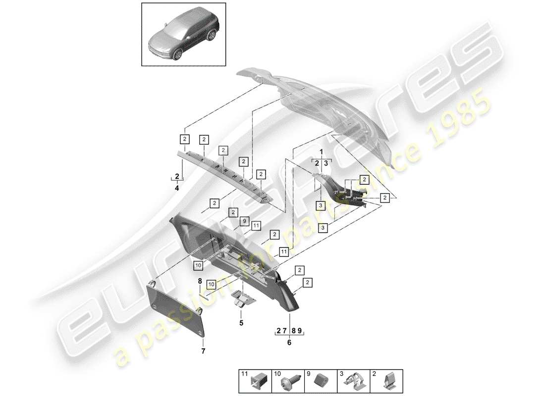 porsche 2018 (cayenne e3 9ya/9yb) lining part diagram
