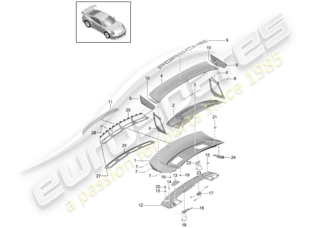 porsche 991 turbo (2016) rear trunk lid part diagram