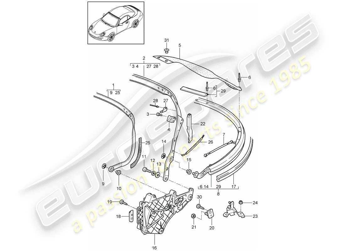 porsche 2010 (997-2) top frame part diagram