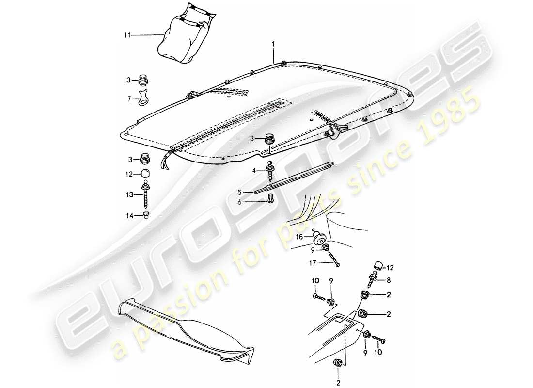 porsche 1992 (964) tonneau cover parts diagram