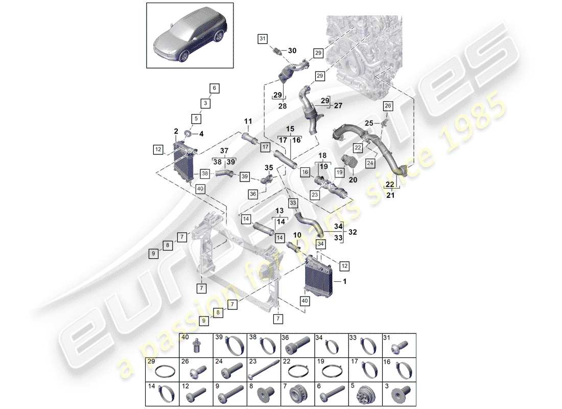 porsche 2018 (cayenne e3 9ya/9yb) charge air cooler part diagram