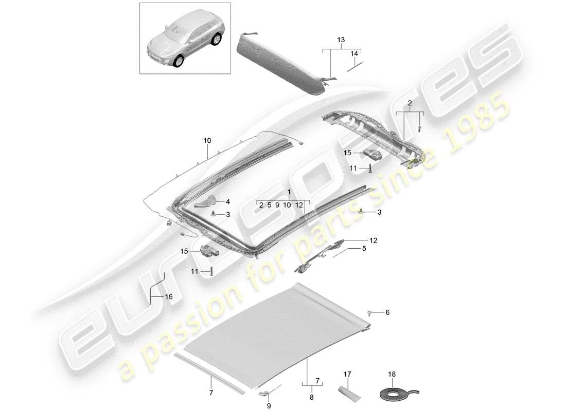 porsche 2017 (macan) glass roof part diagram