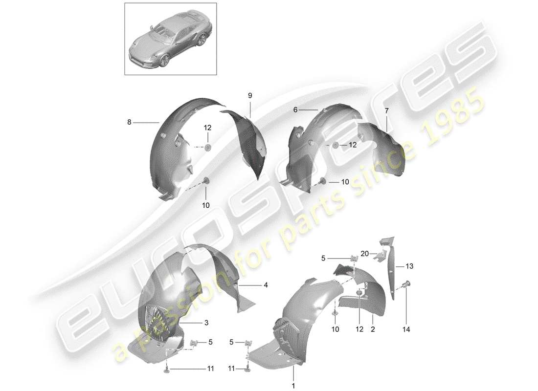 porsche 991 turbo (2016) wheelhouse protector parts diagram