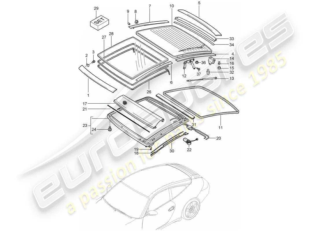 porsche 2012 (997-2) glass roof part diagram