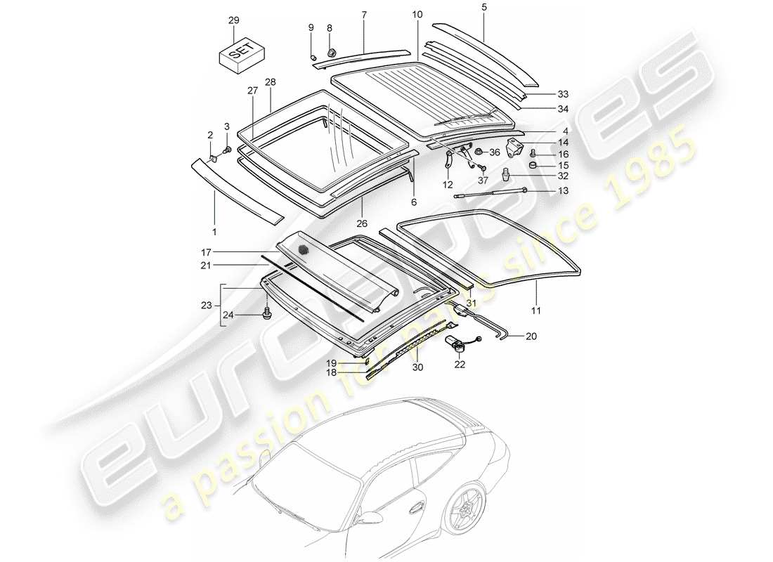 porsche 2007 (997-1) glass roof part diagram