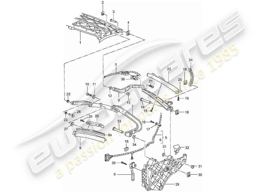 porsche 996 (1998) top frame - single parts parts diagram