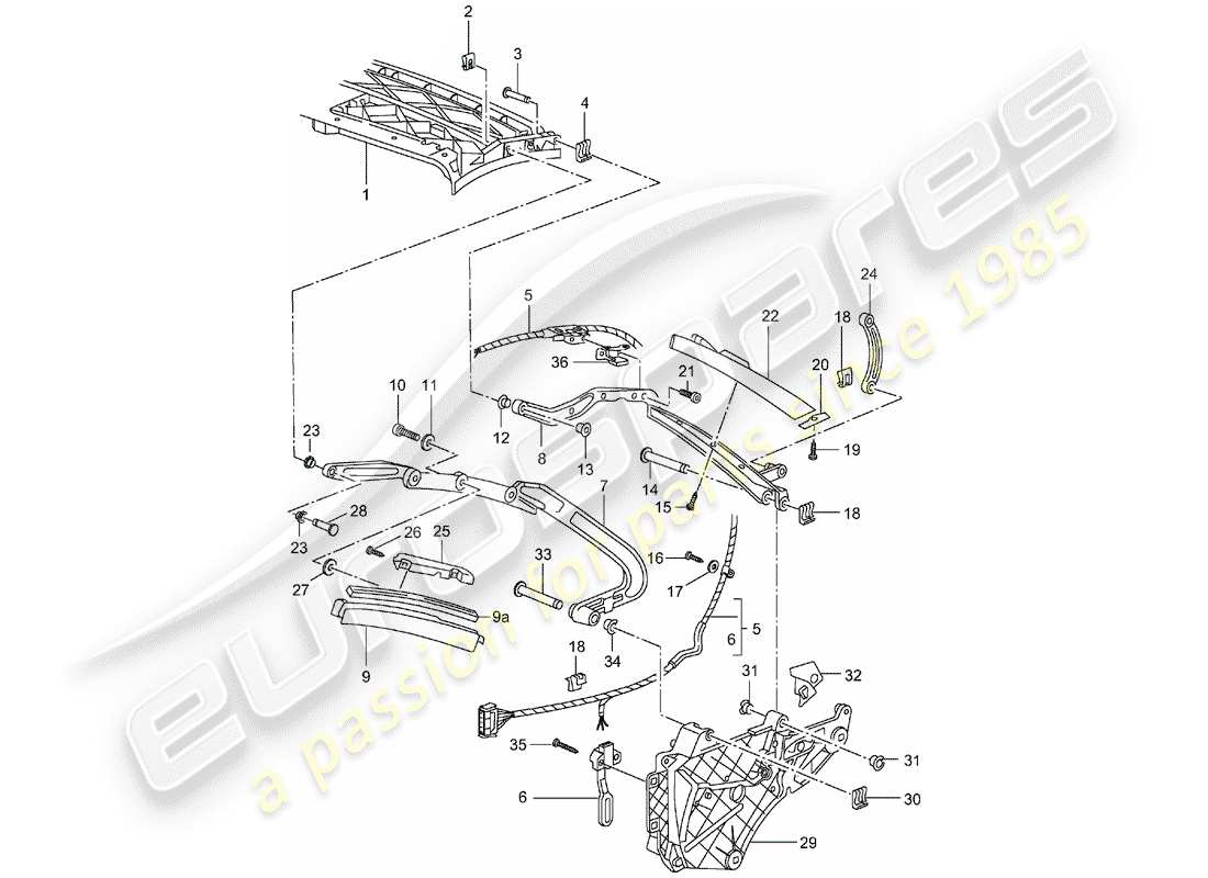 porsche 1999 (996) top frame - single parts parts diagram