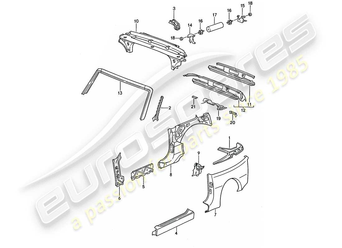 porsche 1991 (944) side panel - windshield frame - end plate part diagram