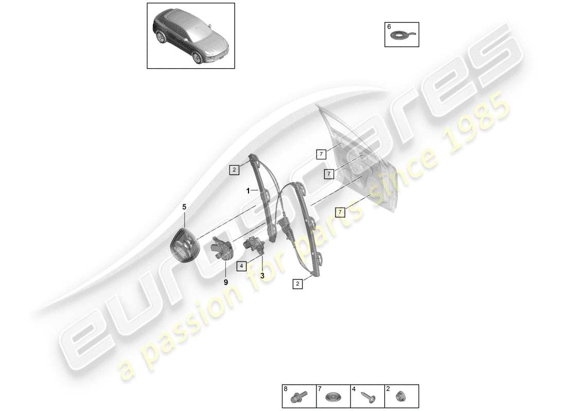 porsche 2018 (cayenne e3 9ya/9yb) window regulator part diagram