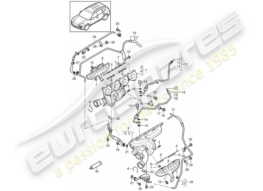 porsche 2015 (cayenne e2 92a) exhaust gas turbocharger part diagram