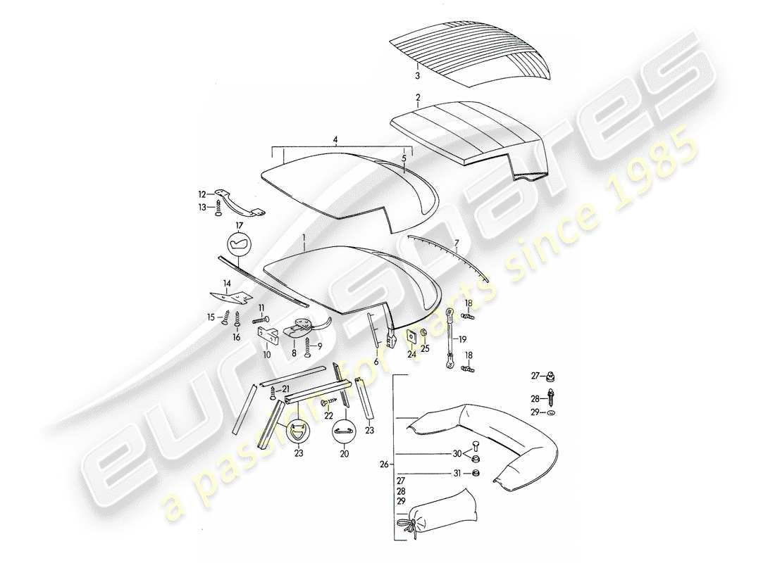 porsche 1961 (356b/356c) convertible top - and - convertible top covering part diagram