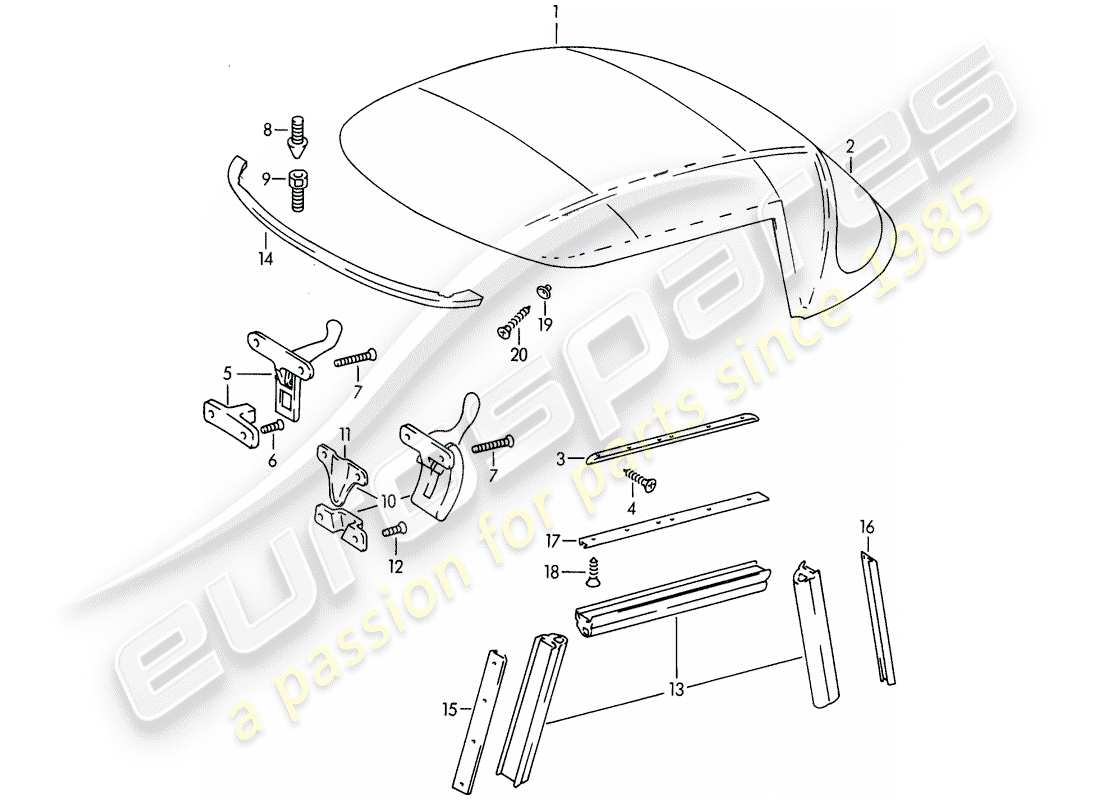 porsche 1961 (356b/356c) convertible top - accessories part diagram