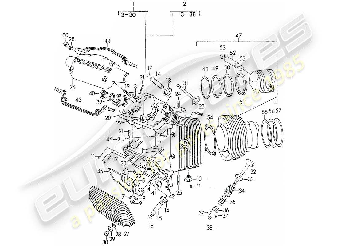 porsche 356/356a (1952) cylinder head - cylinder with pistons part diagram