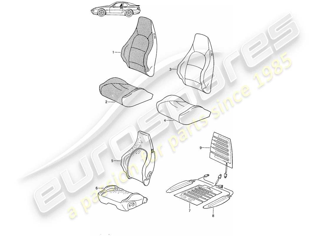 a part diagram from the porsche 1987 (seats for 944/968/911/928) parts catalogue