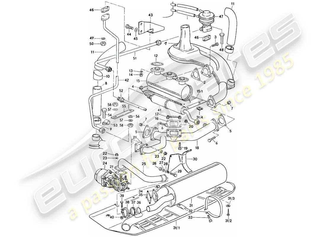porsche 911 turbo (1977) exhaust system part diagram