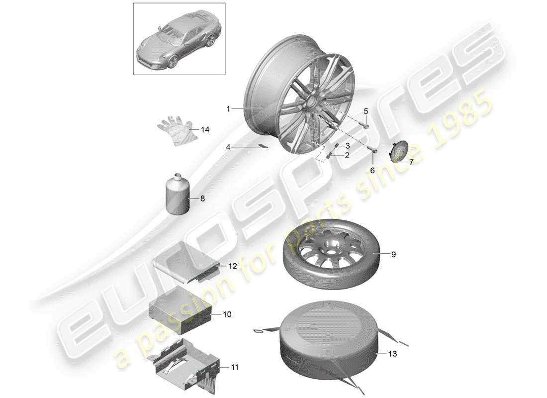 porsche 991 turbo (2014) alloy wheel parts diagram
