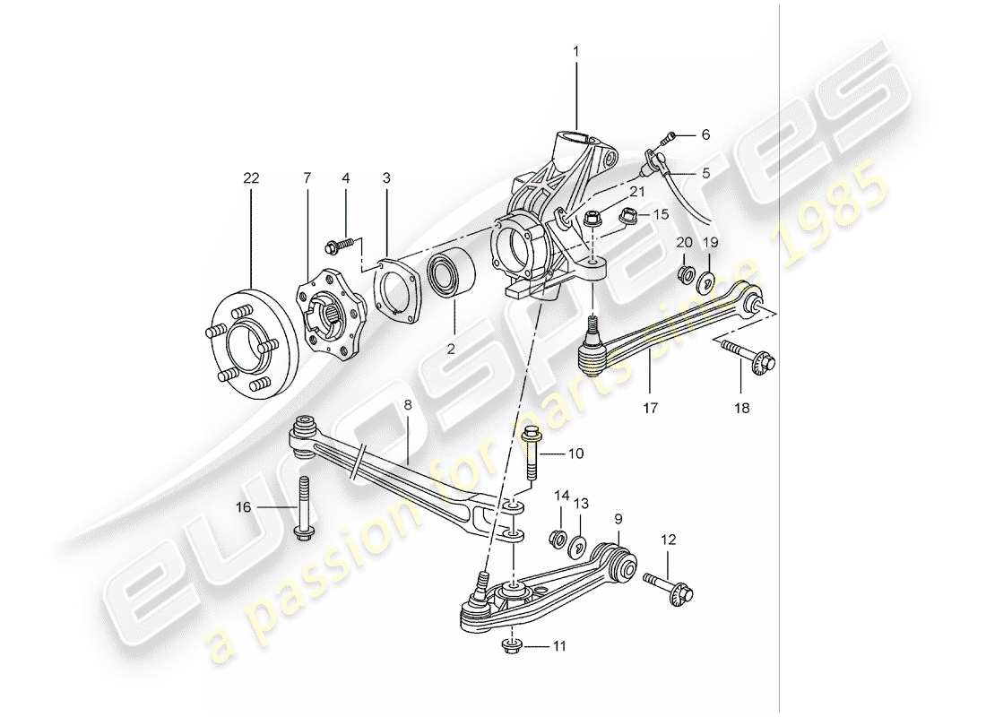 porsche boxster 986 (2004) rear axle - wheel carrier - upper link - wheel hub part diagram