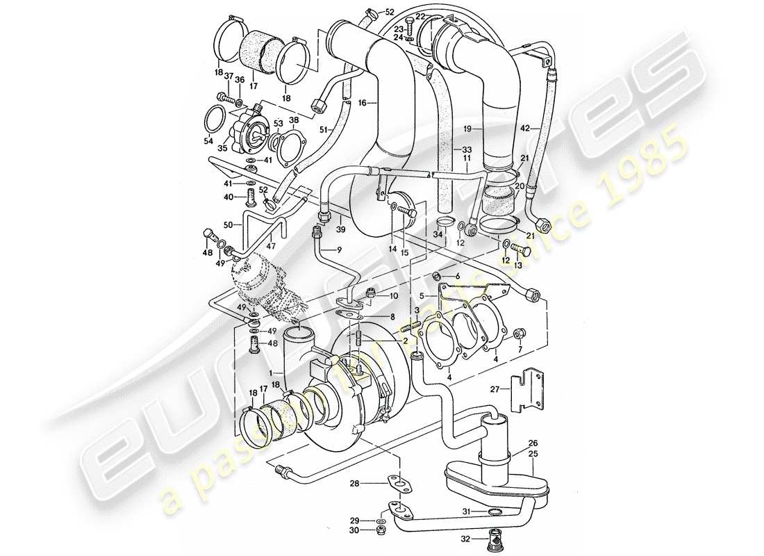 porsche 911 turbo (1977) exhaust gas turbocharger - and - bypass valve parts diagram