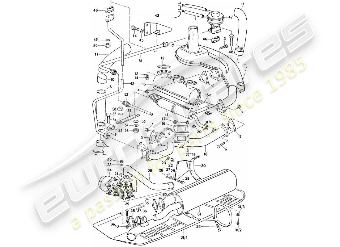 porsche 1975 (911 turbo) exhaust system part diagram