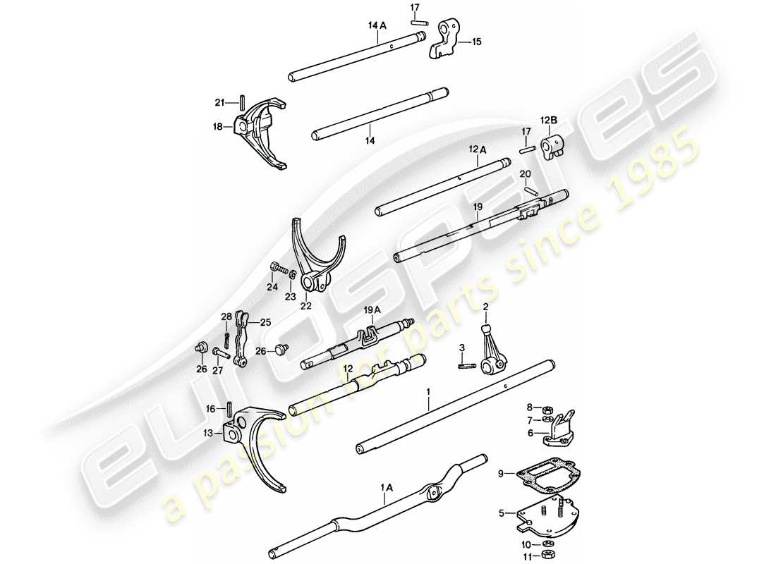 porsche 911 (1989) shift rods - shift forks - for - 4-speed - and - 5-speed part diagram