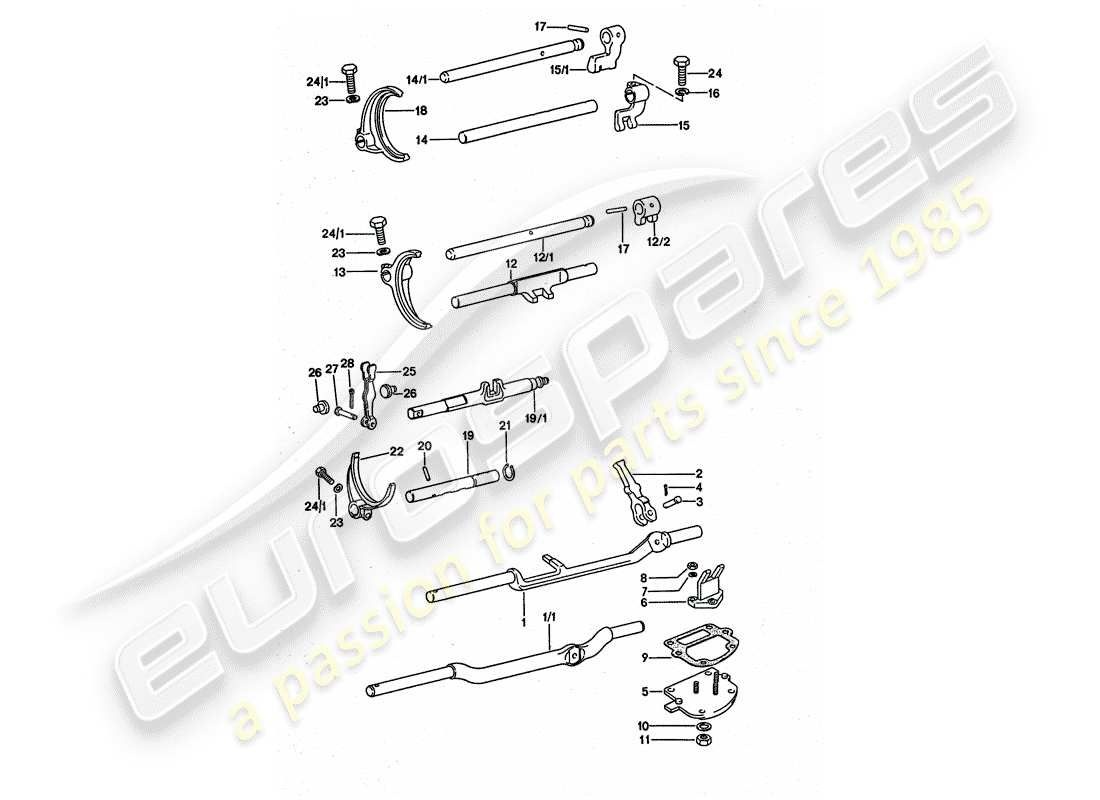 porsche 1976 (911 turbo) shift rods - shift forks part diagram