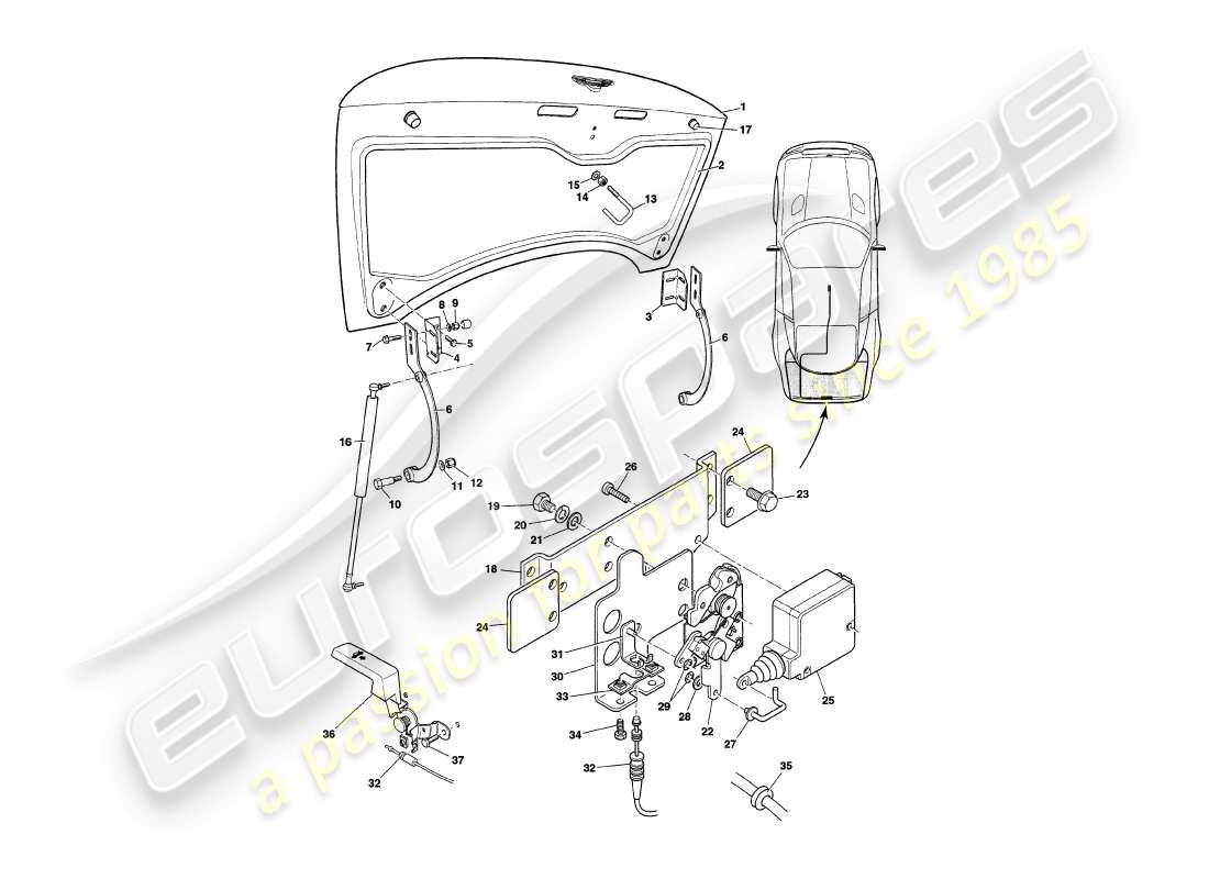 aston martin v8 coupe (1999) trunk lid, vin v79080 & v79074 on part diagram