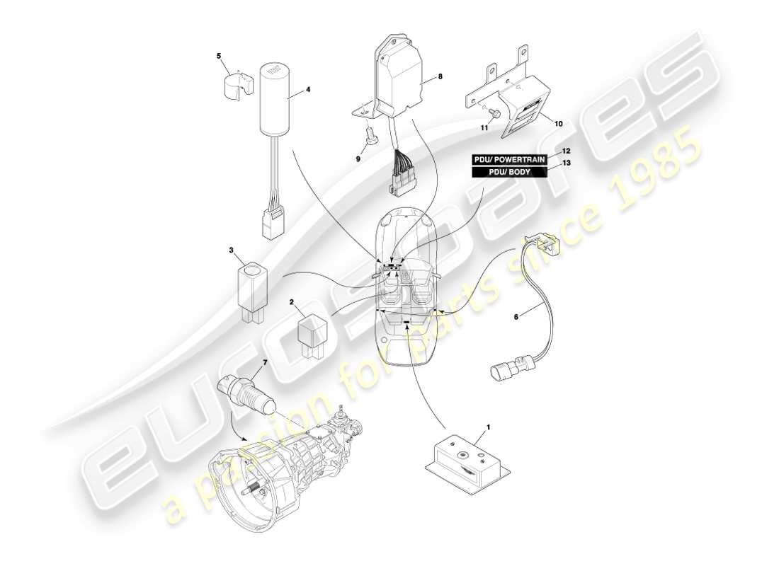 aston martin db7 vantage (2000) centrally mounted components parts diagram