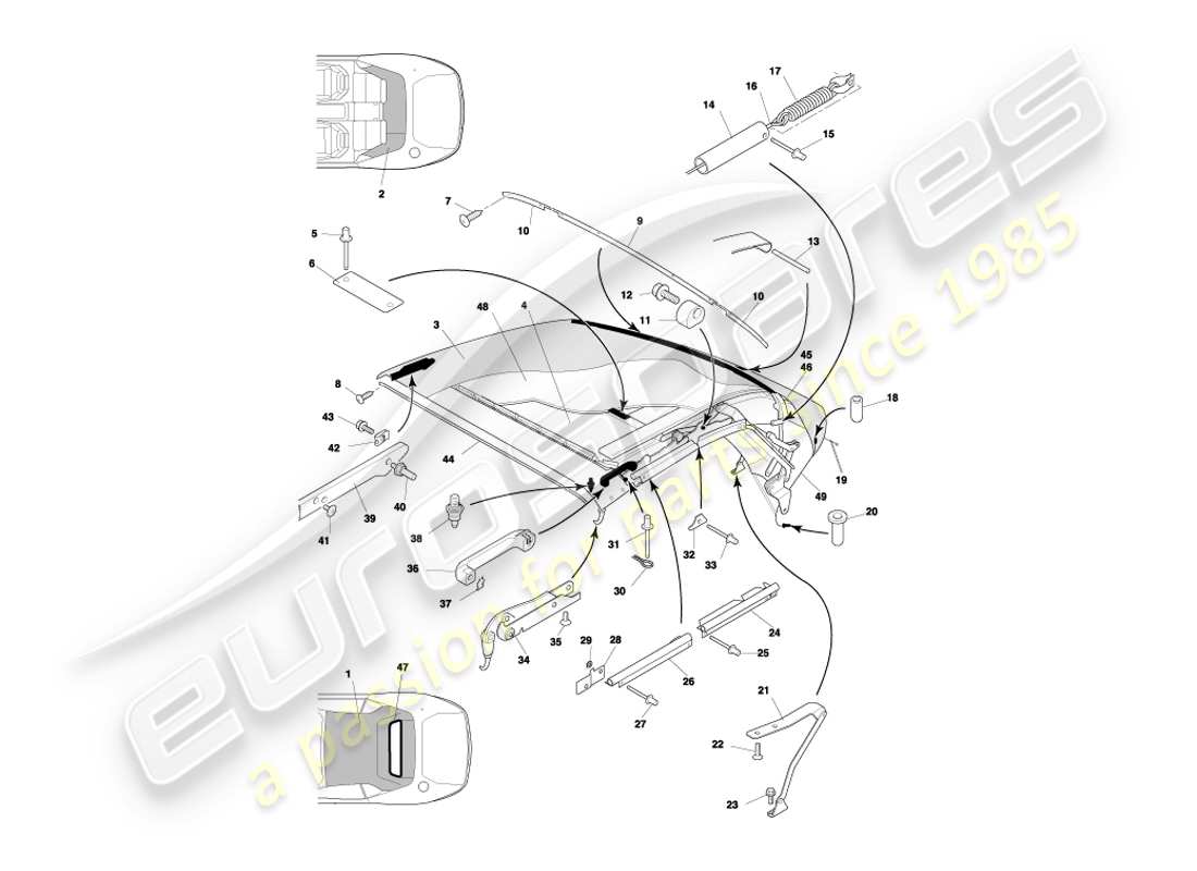 aston martin db7 vantage (2001) volante roof & upper trim part diagram