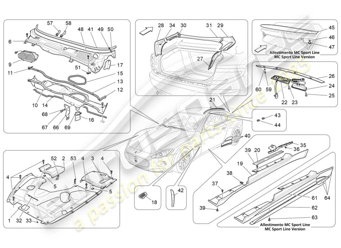 maserati granturismo (2009) shields, trims and covering panels part diagram