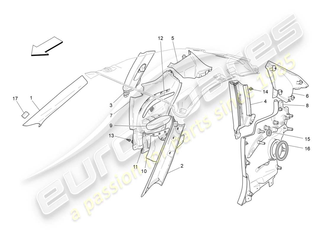 maserati granturismo (2016) passenger compartment b pillar trim panels and side panels part diagram