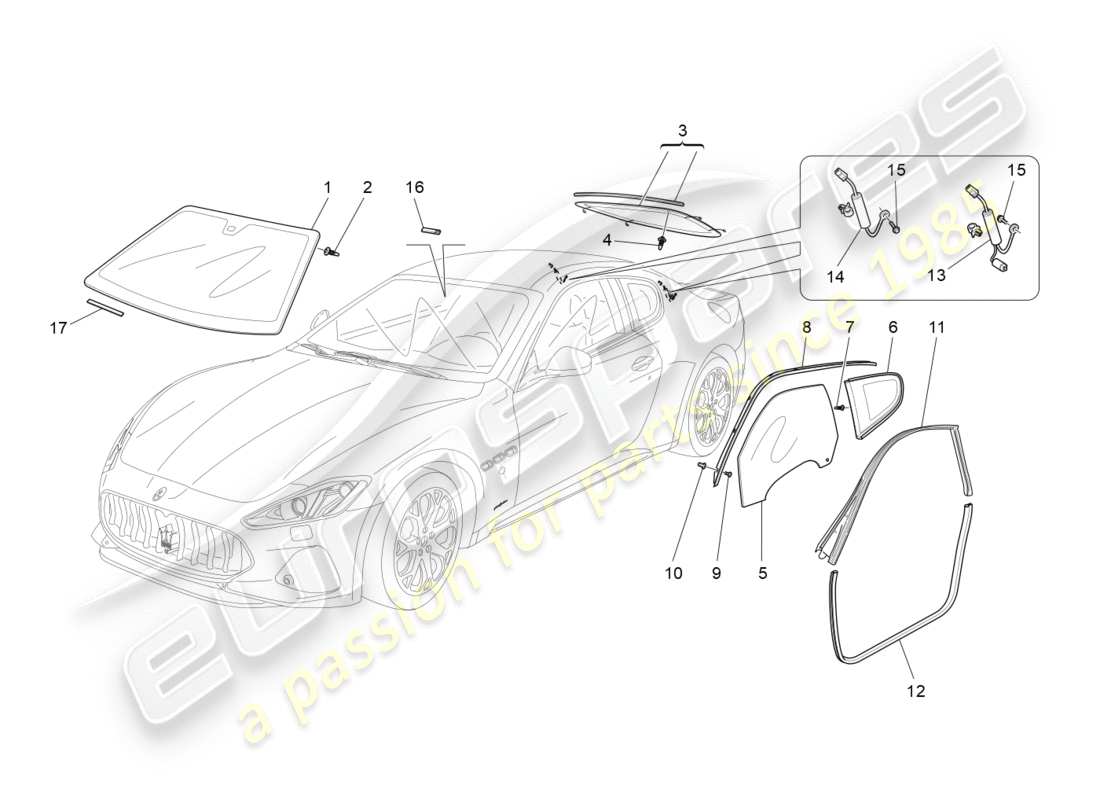 maserati granturismo s (2019) windows and window strips part diagram