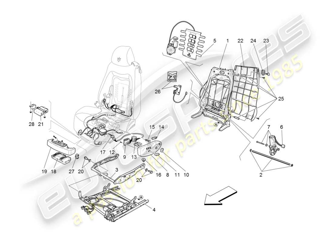 maserati granturismo (2008) front seats: mechanics and electronics part diagram