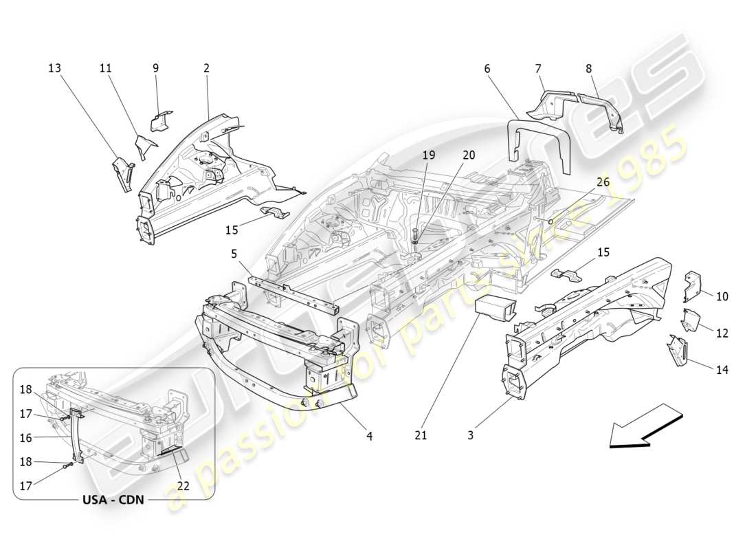 maserati granturismo s (2016) front structural frames and sheet panels parts diagram