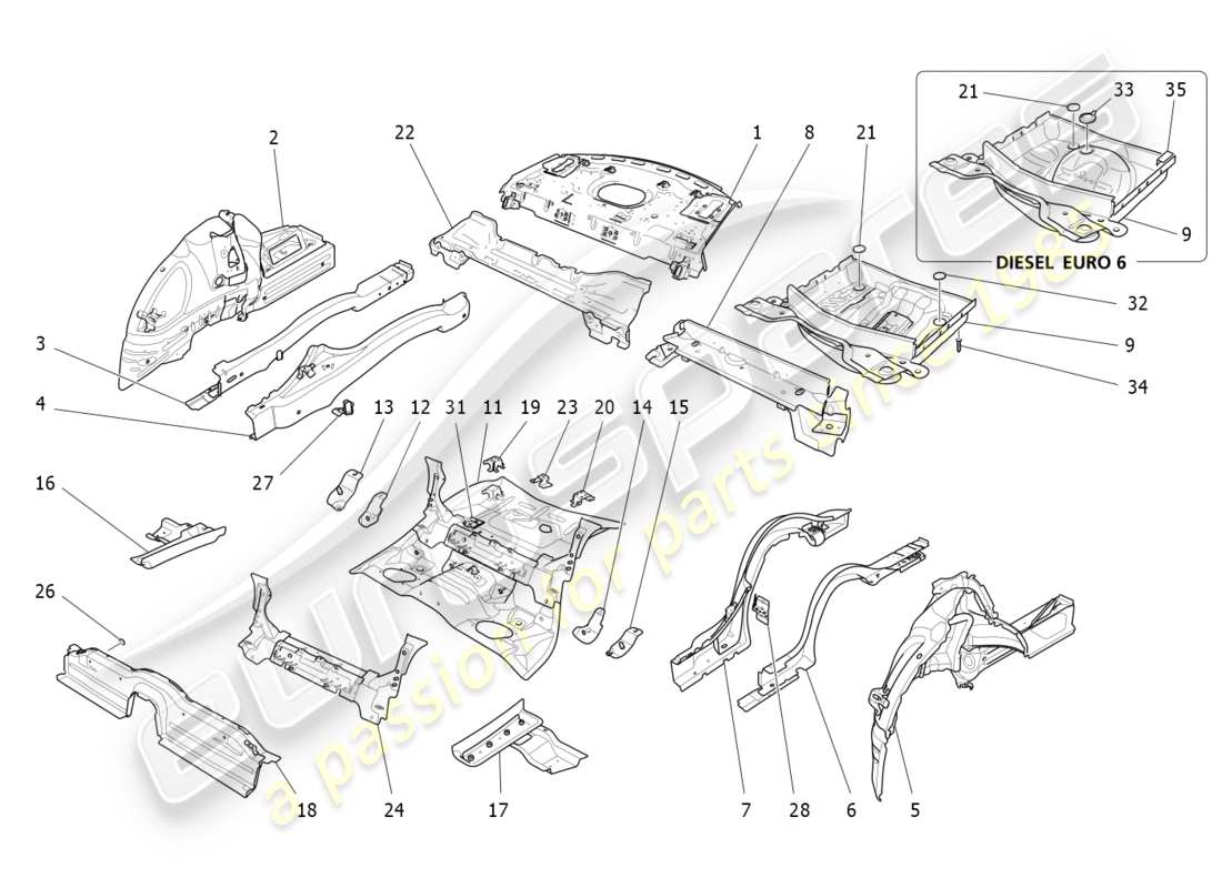 maserati qtp 3.0 tds v6 275hp (2015) rear structural frames and sheet panels part diagram