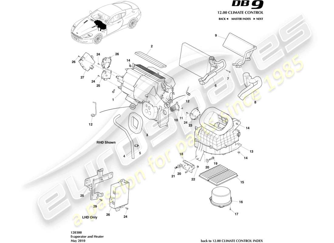 aston martin db9 (2005) evaporator & heater part diagram
