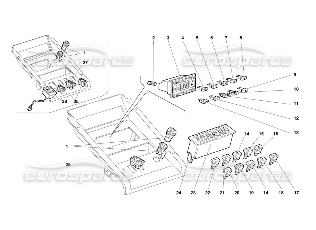 lamborghini diablo sv (1998) tunnel panel instruments parts diagram