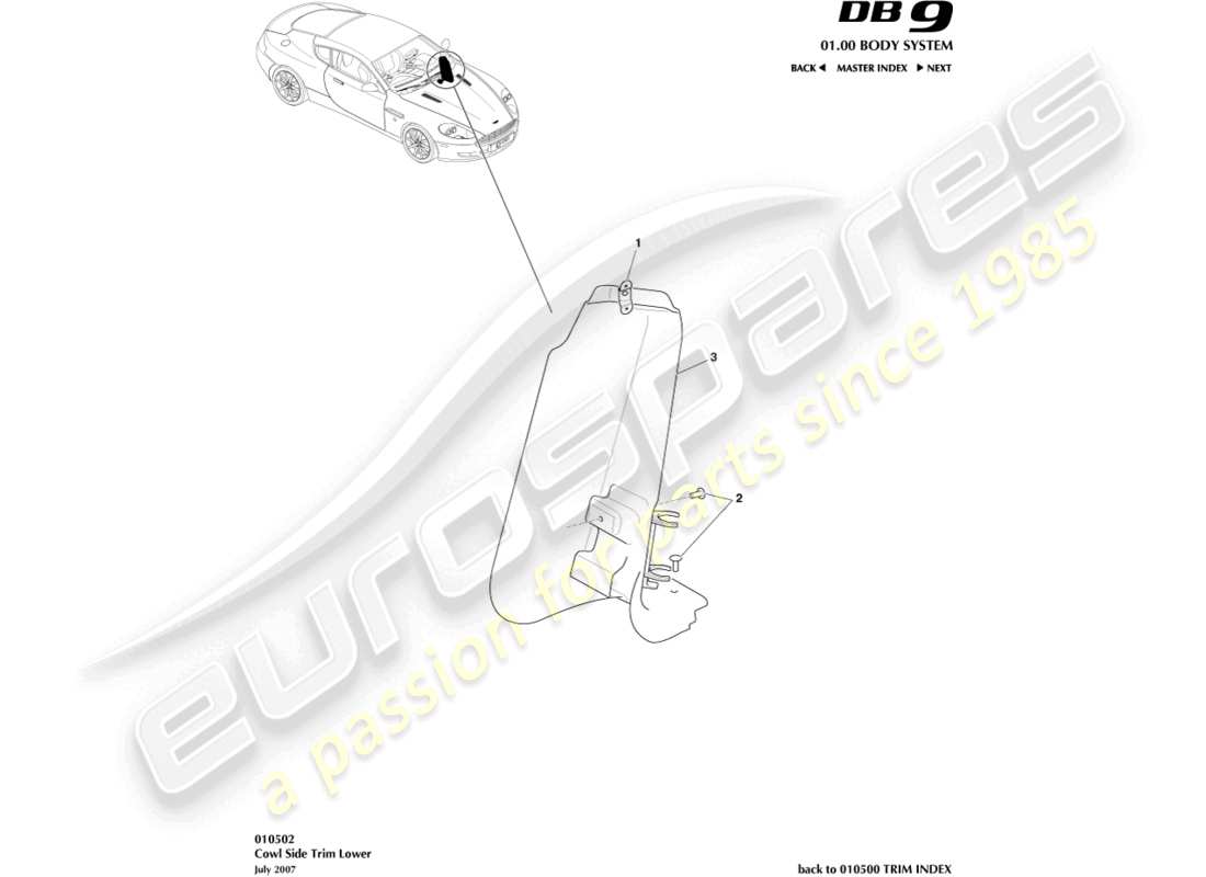 aston martin db9 (2010) cowl side trim, lower part diagram