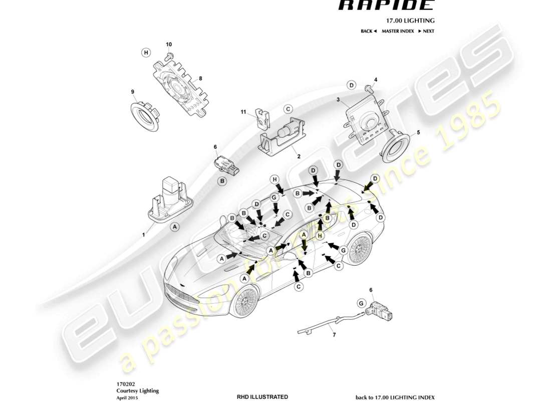 aston martin rapide (2018) courtest lighting part diagram