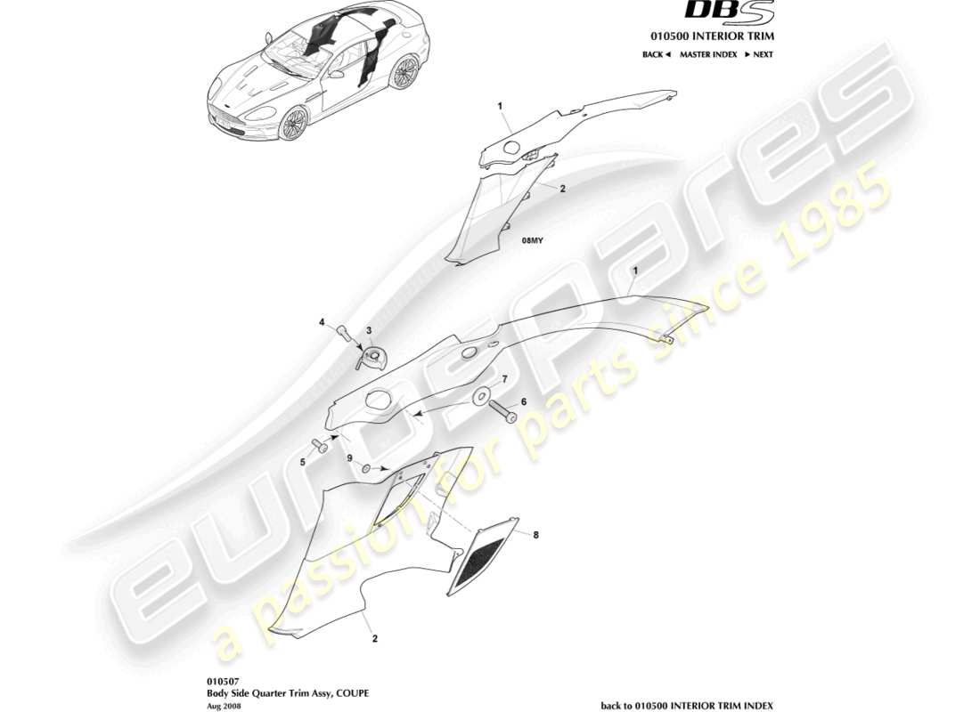 aston martin dbs (2008) body side quarter trim, coupe part diagram